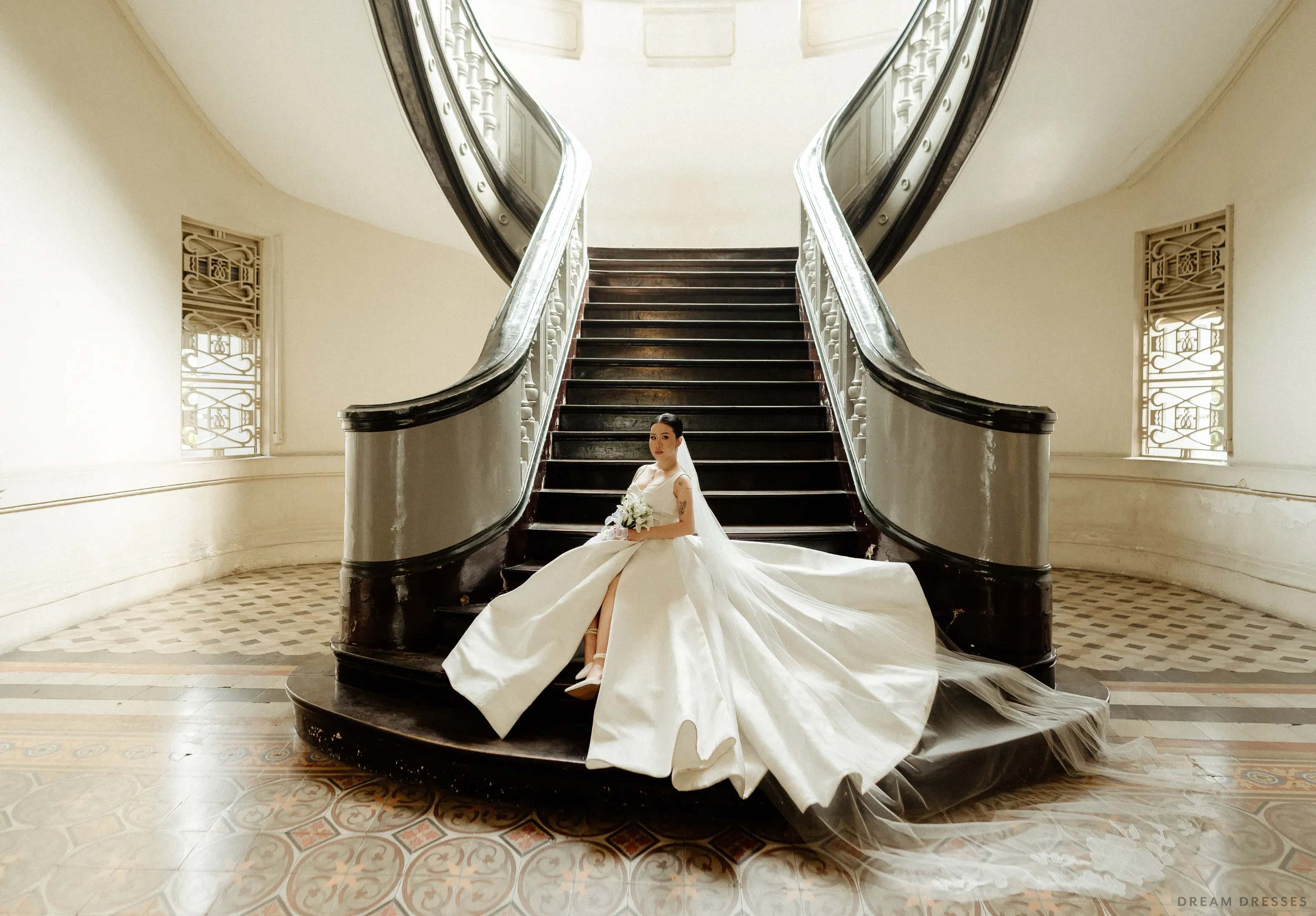 Satin Ball Gown Wedding Dress with High Slit  (#KHANHTIEN)