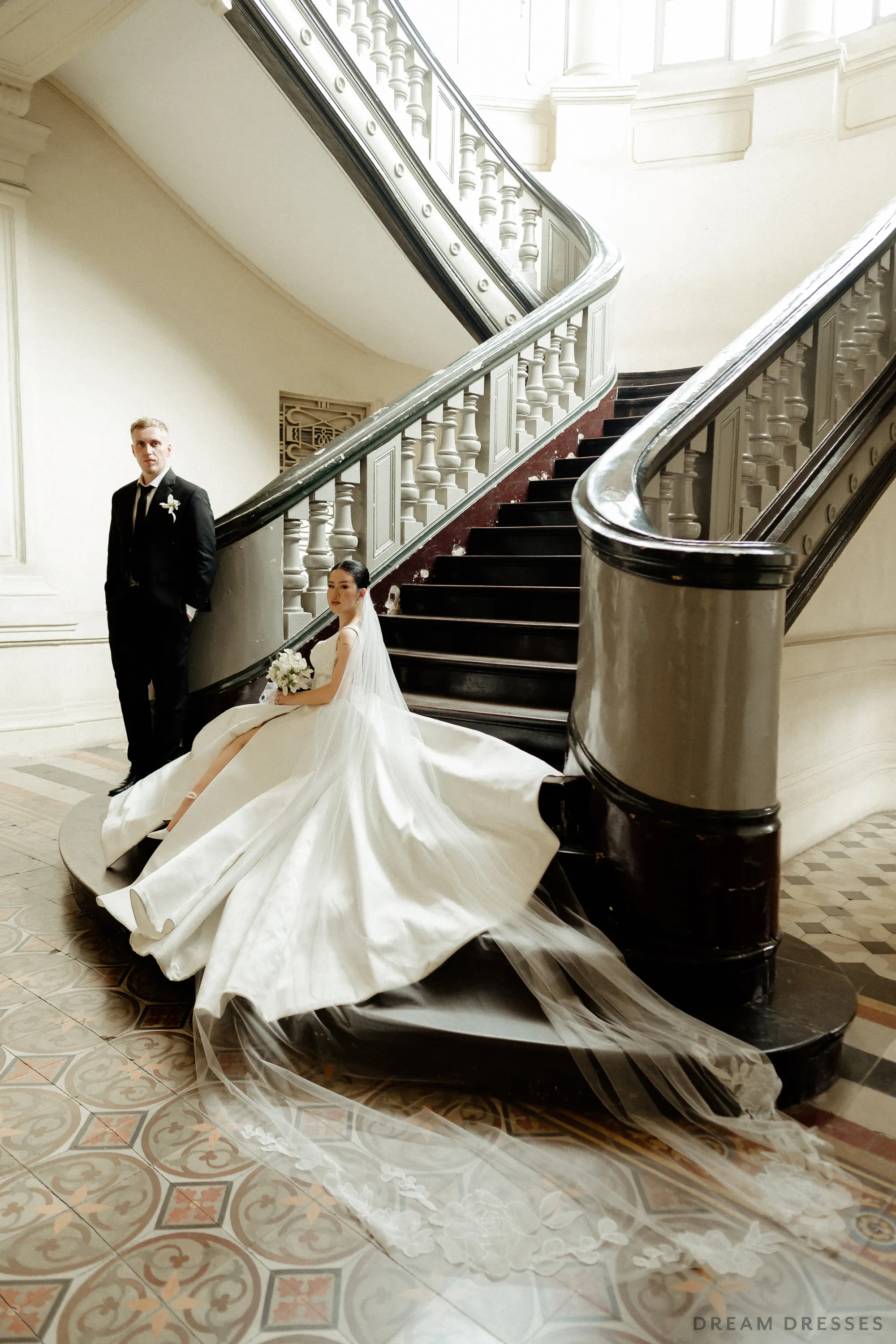 Satin Ball Gown Wedding Dress with High Slit  (#KHANHTIEN)