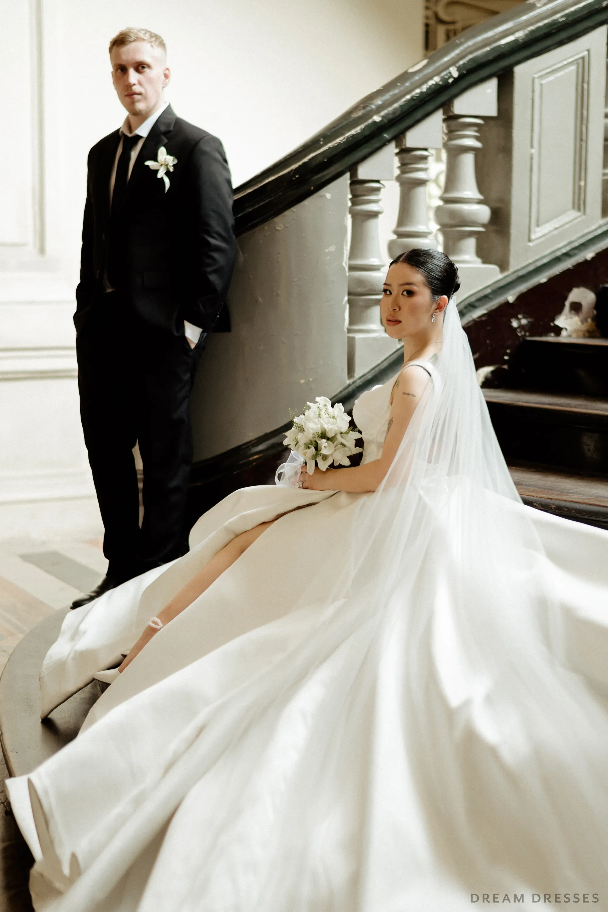 Satin Ball Gown Wedding Dress with High Slit  (#KHANHTIEN)