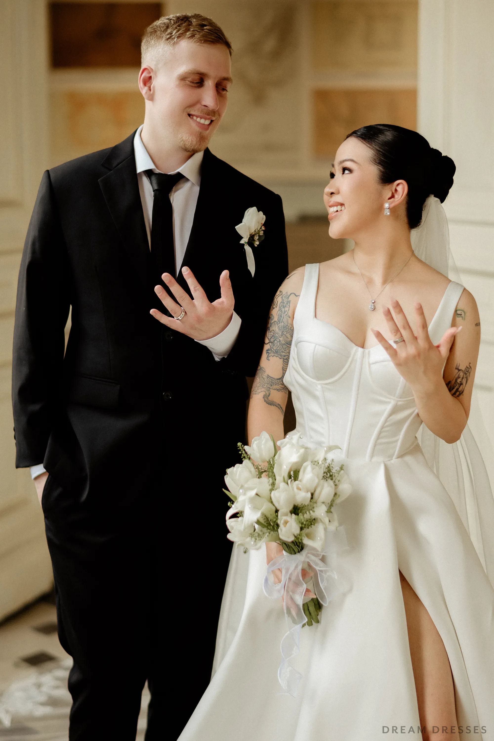 Satin Ball Gown Wedding Dress with High Slit  (#KHANHTIEN)