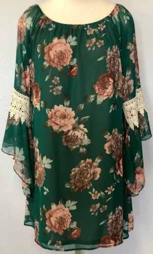 SHEER SLEEVE  FLORAL SHIFT DRESS