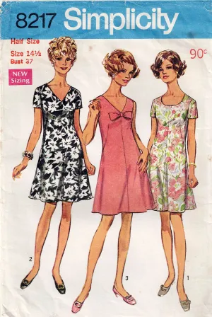 Simplicity 8217 Womens Half Size A Line Dresses 1960s Vintage Sewing Pattern Bust 37 inches