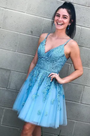 Spaghetti Strap Lace Tulle Light Blue Homecoming Dress Open Back Hoco Dress,MH505