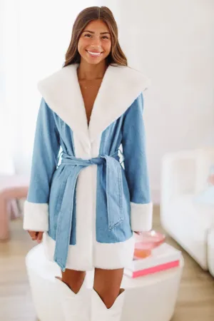 Staying Chic Denim and Faux Fur Coat - Medium Wash
