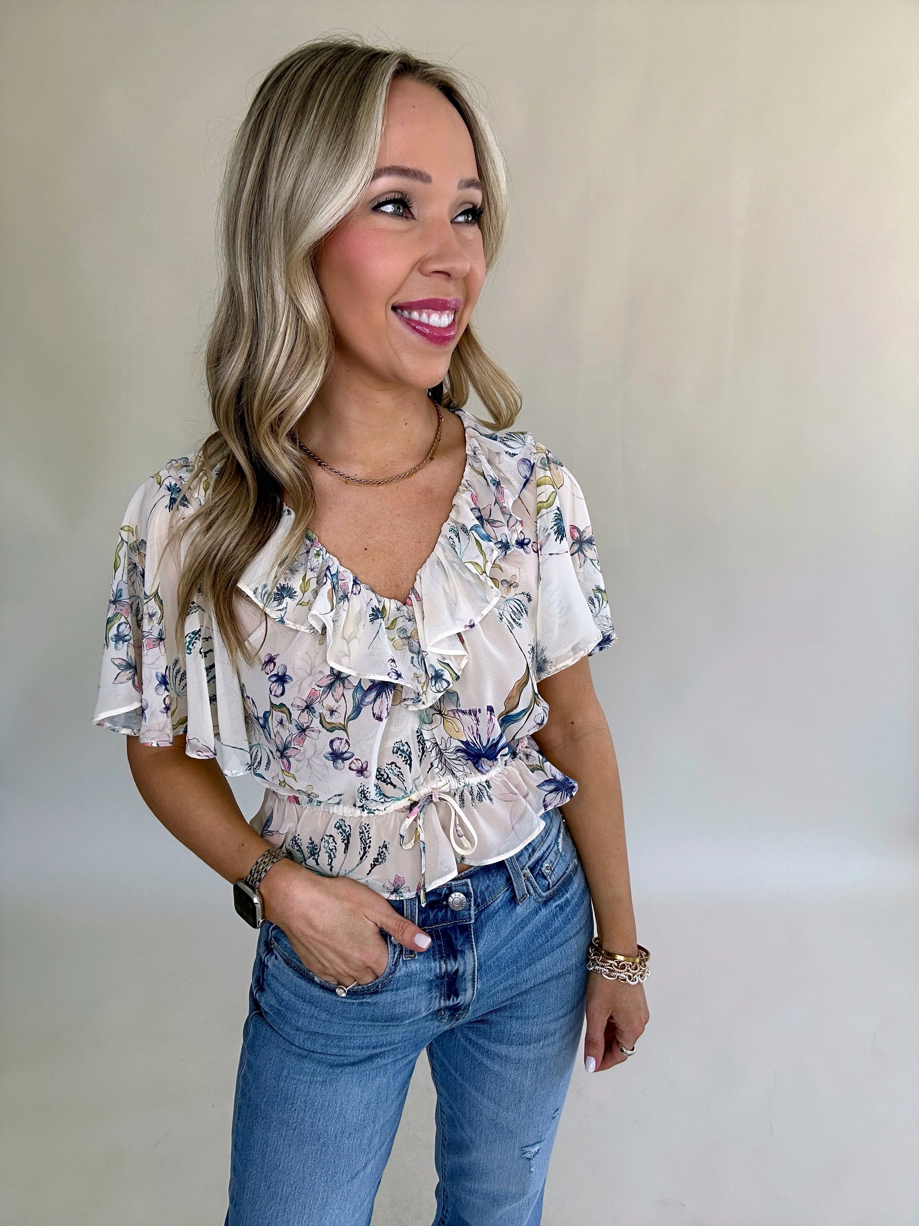 Steve Madden Brighton Floral Ruffle Top - Cream