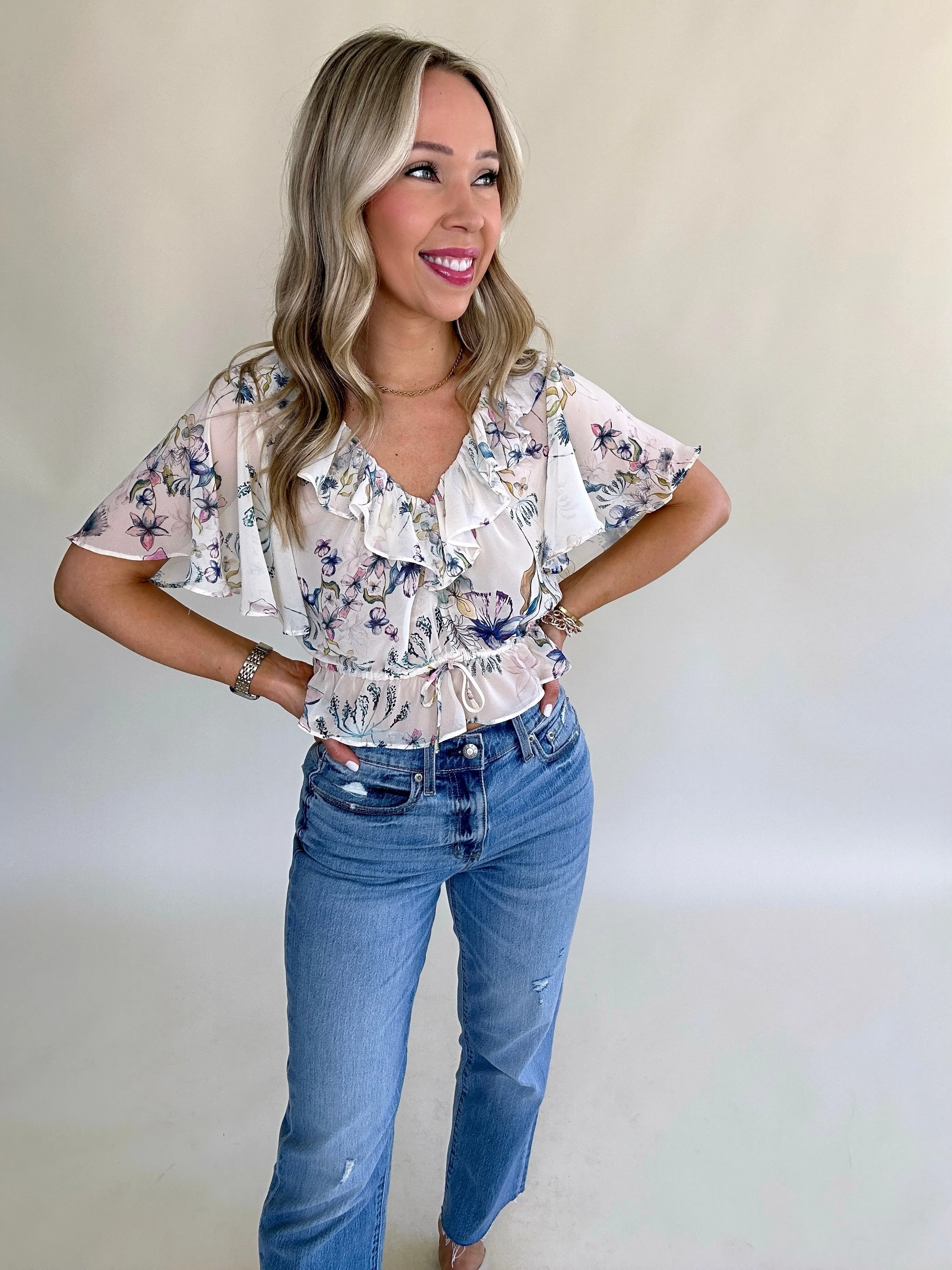 Steve Madden Brighton Floral Ruffle Top - Cream