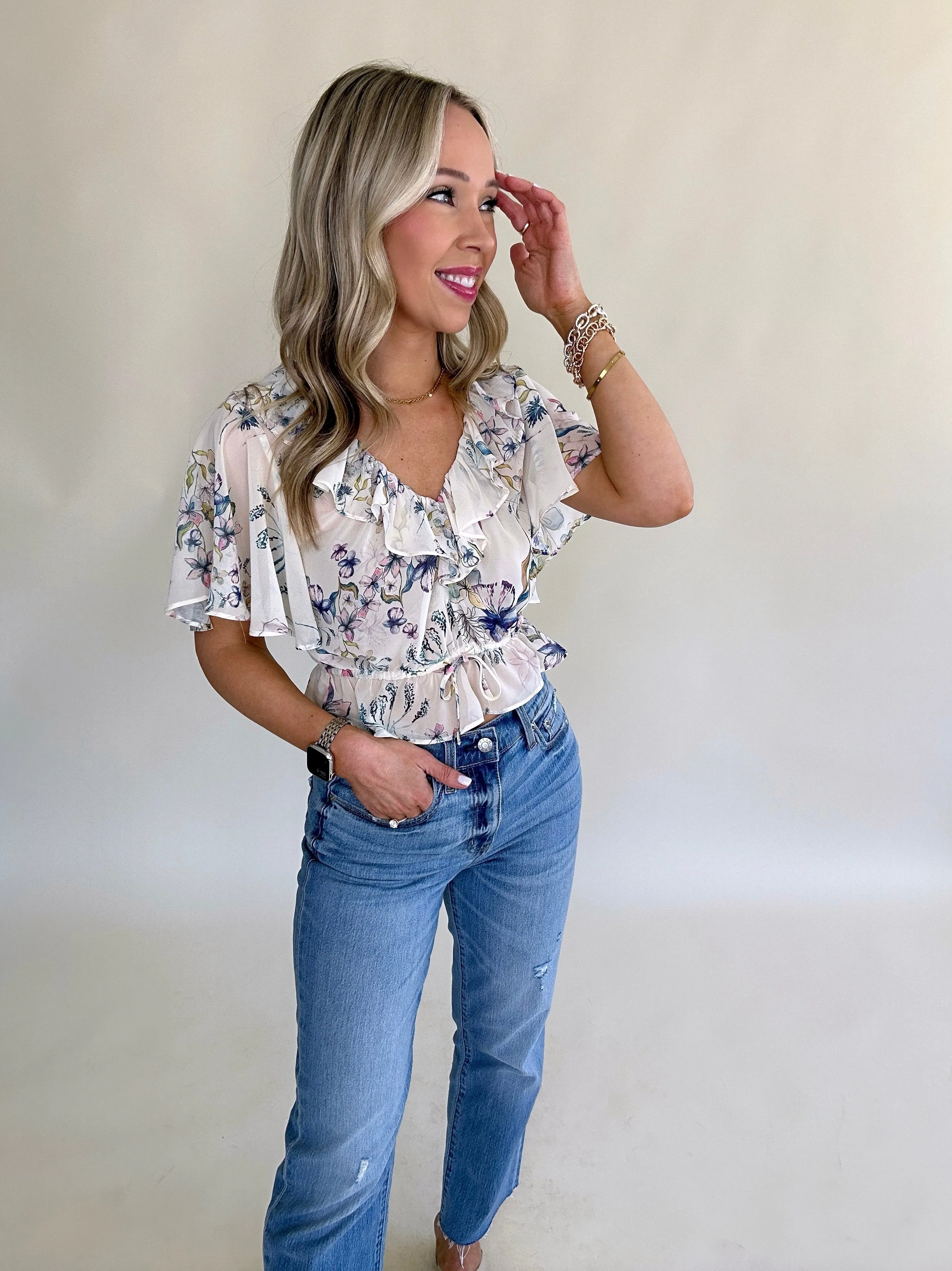 Steve Madden Brighton Floral Ruffle Top - Cream