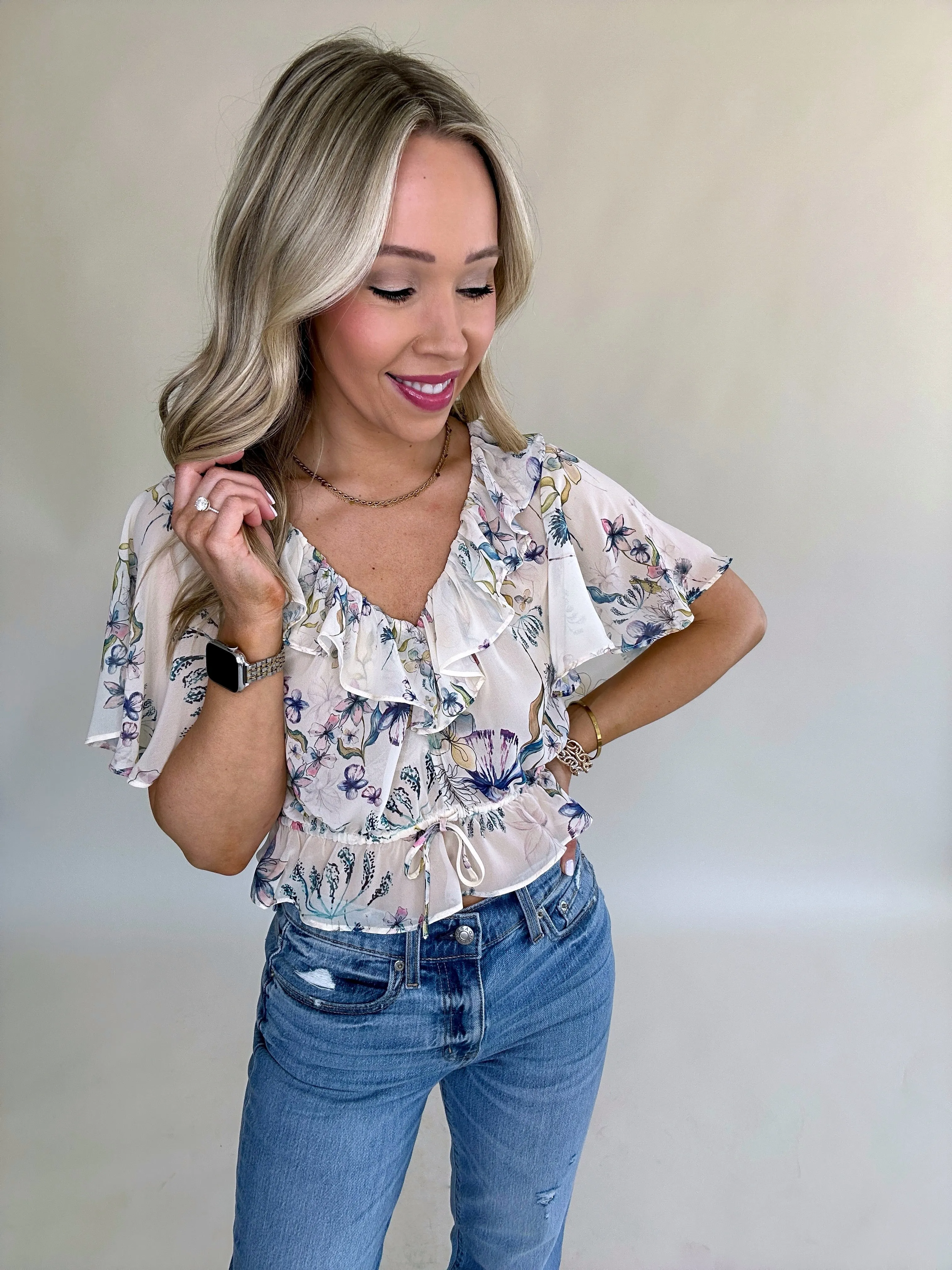 Steve Madden Brighton Floral Ruffle Top - Cream