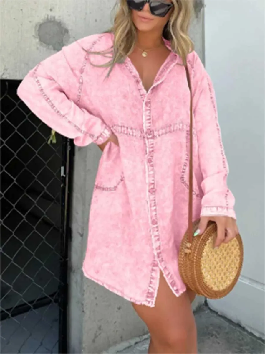 Stunncal V-neck Washed Loose Shirt Denim Skirt