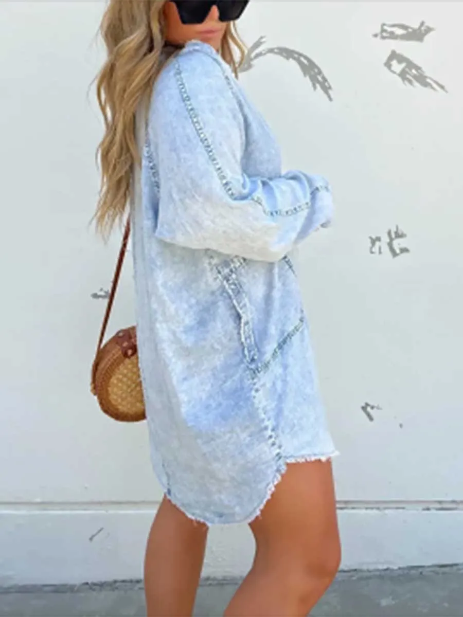 Stunncal V-neck Washed Loose Shirt Denim Skirt