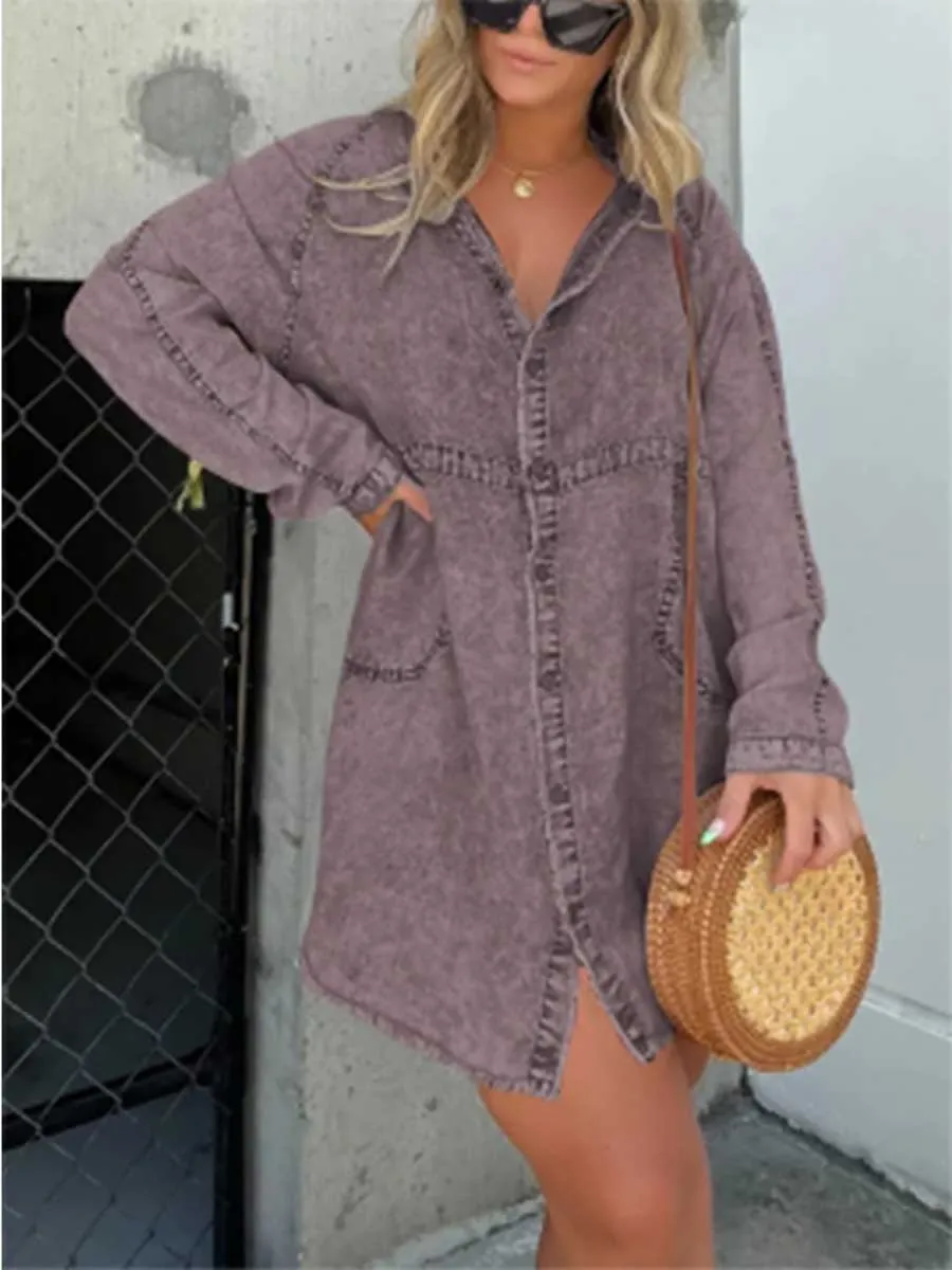 Stunncal V-neck Washed Loose Shirt Denim Skirt