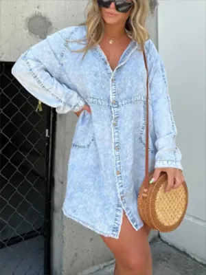 Stunncal V-neck Washed Loose Shirt Denim Skirt