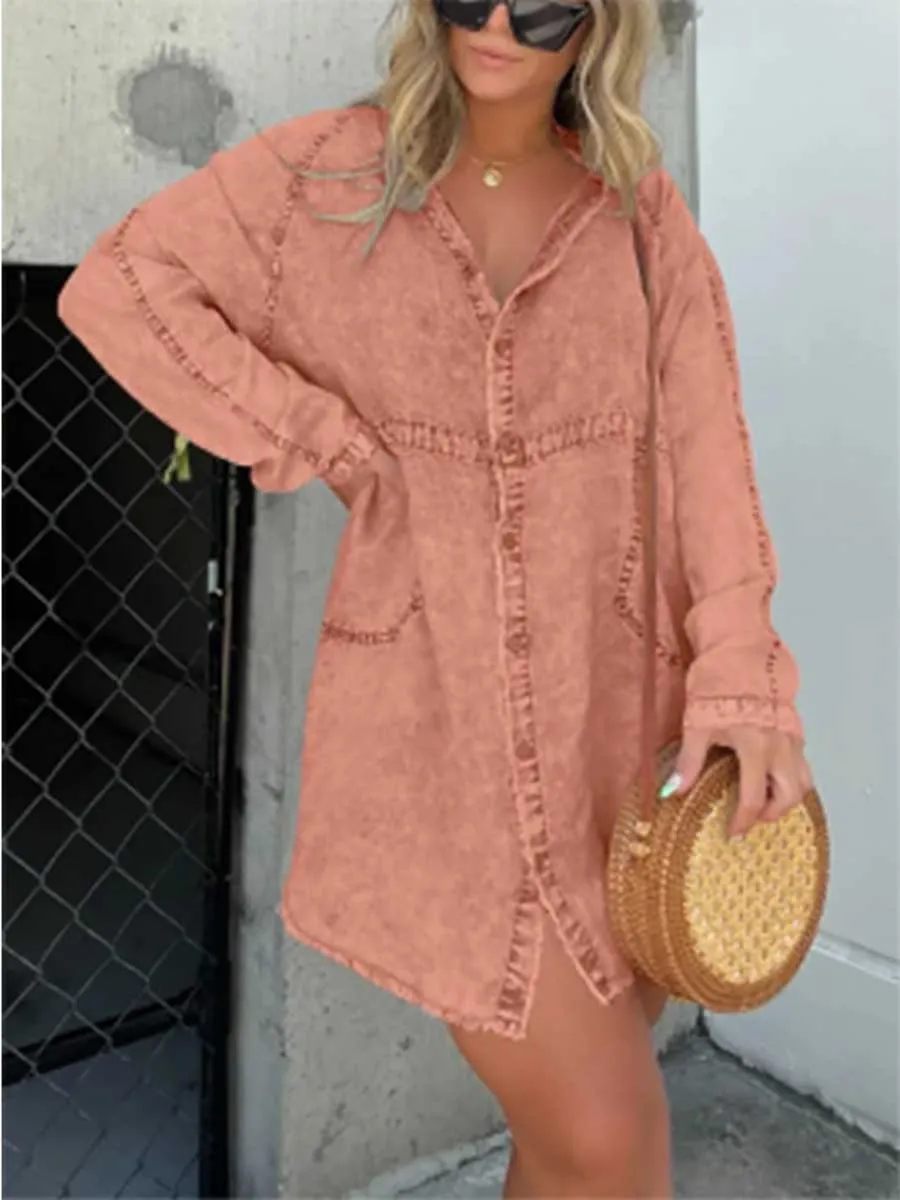 Stunncal V-neck Washed Loose Shirt Denim Skirt