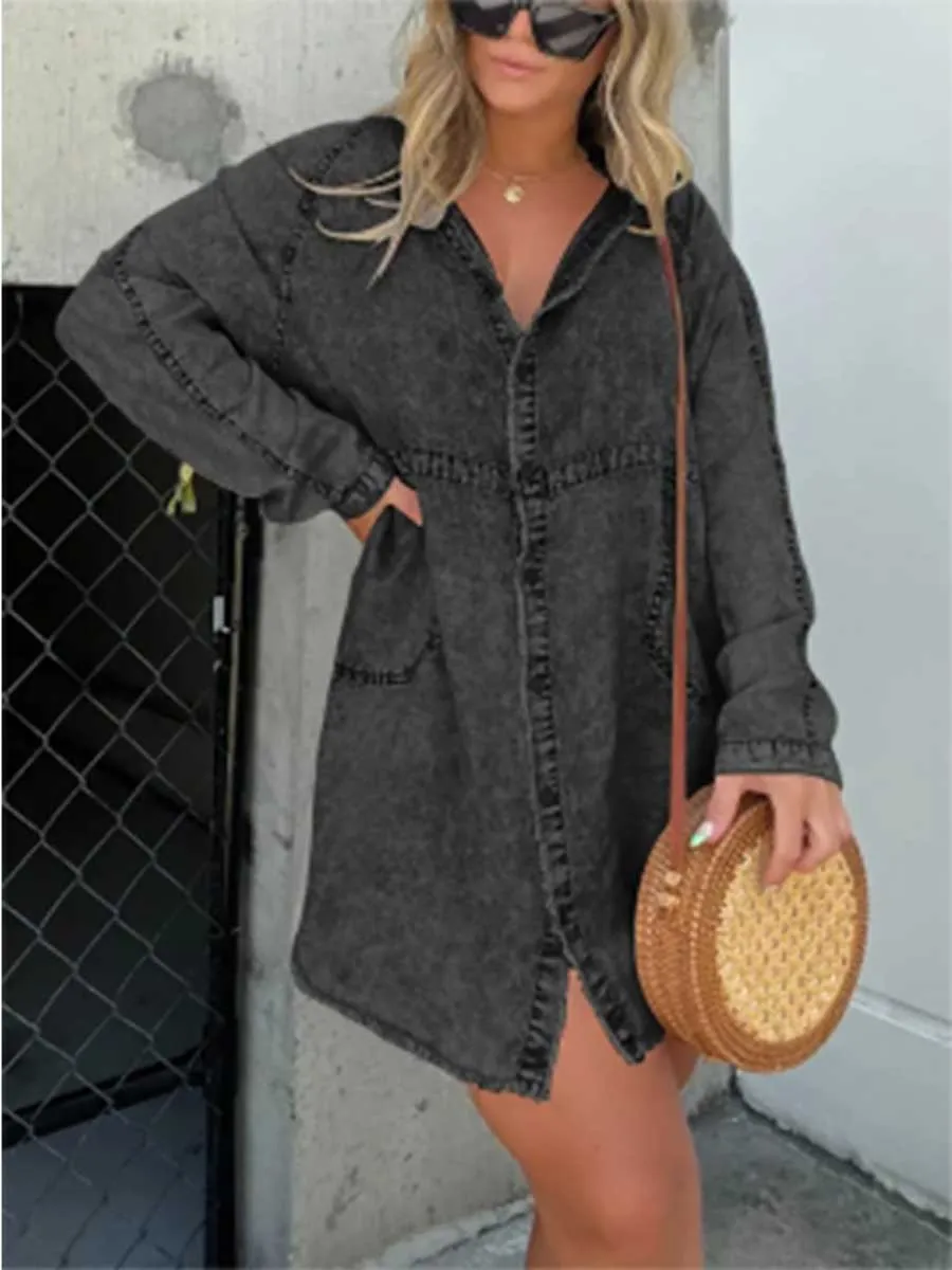 Stunncal V-neck Washed Loose Shirt Denim Skirt