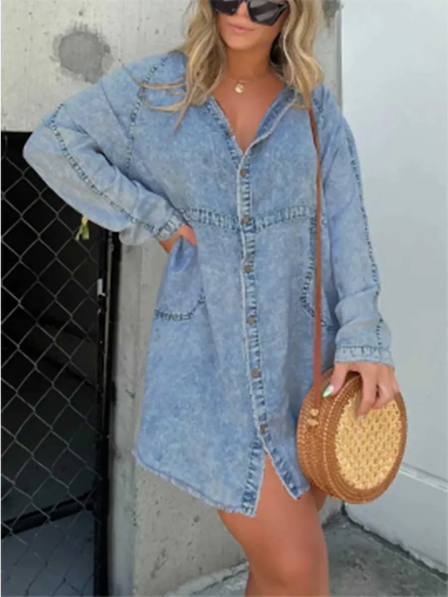 Stunncal V-neck Washed Loose Shirt Denim Skirt