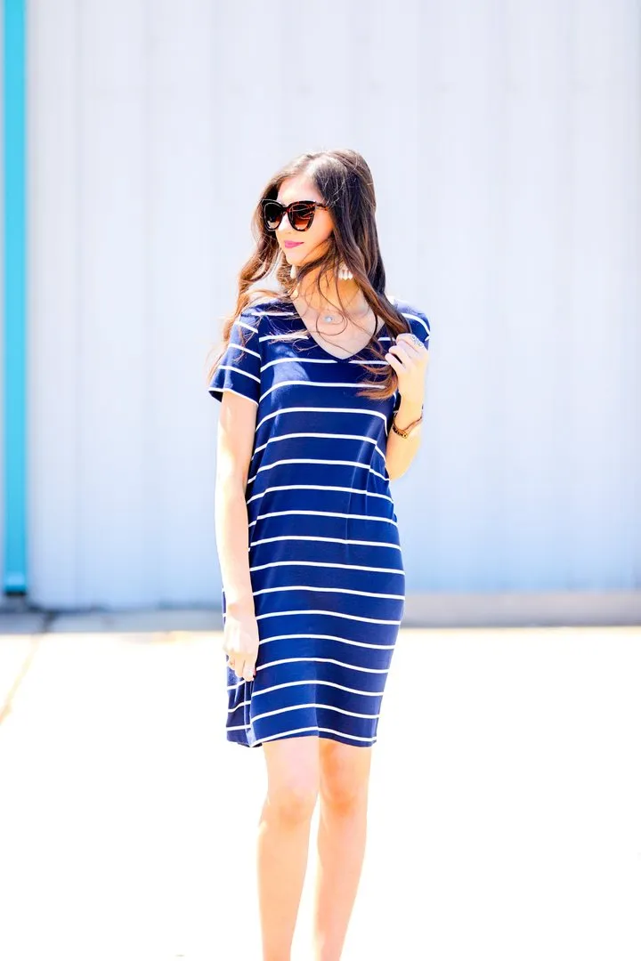 Summertime Striped V-Neck Dress - Navy