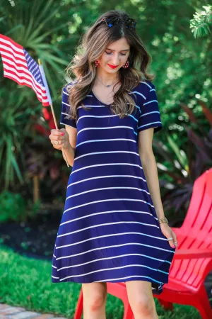 Summertime Striped V-Neck Dress - Navy