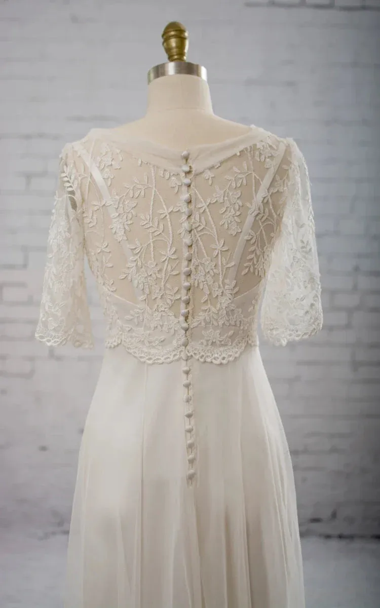 Sweetheart A-line Chiffon Dress With Half-sleeved Illusion Bodice
