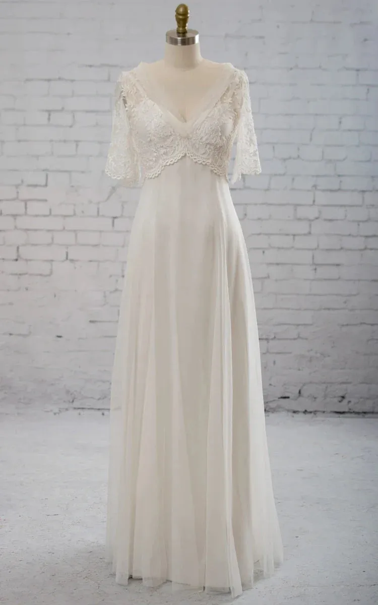 Sweetheart A-line Chiffon Dress With Half-sleeved Illusion Bodice