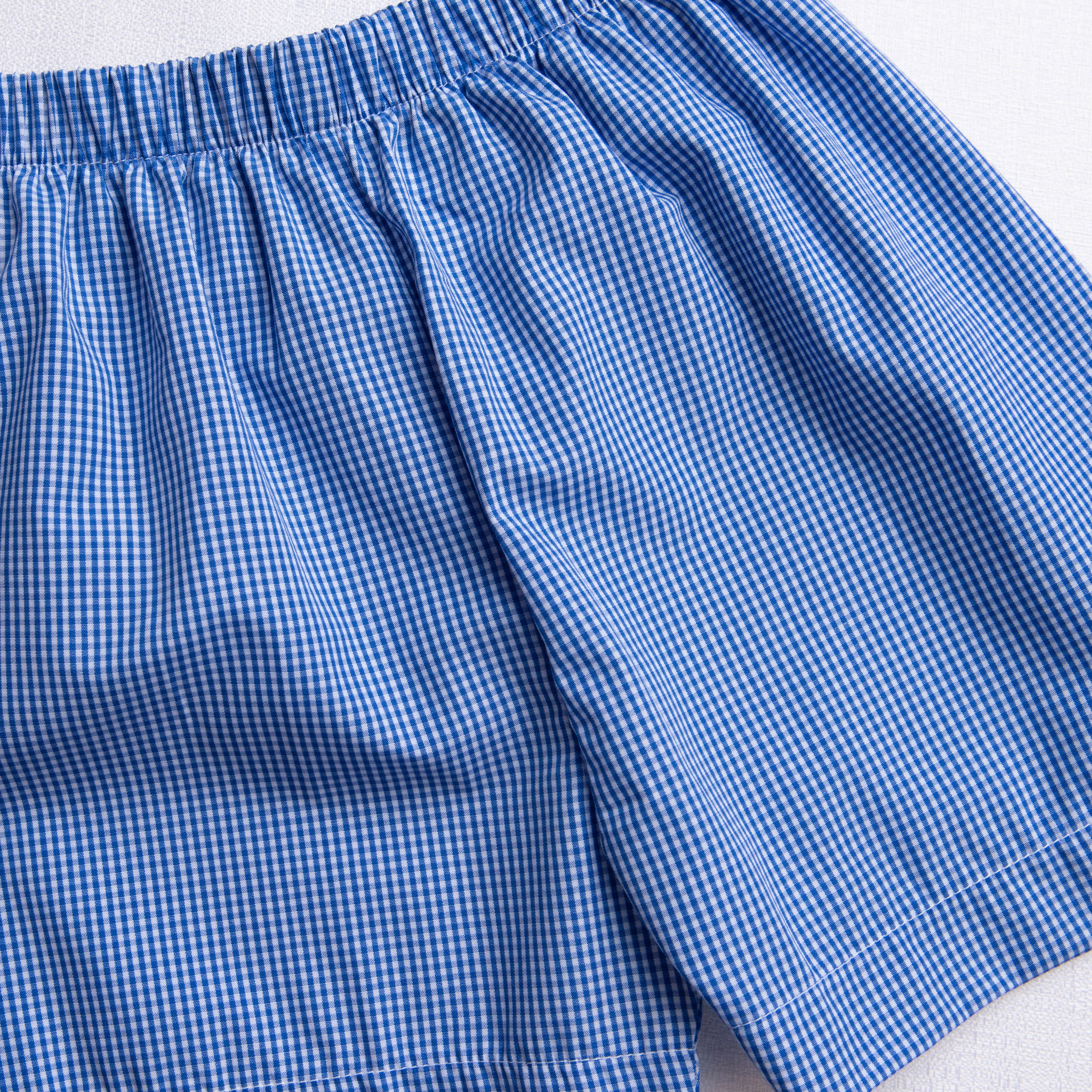Tiger Smocked Short Set, Blue Gingham