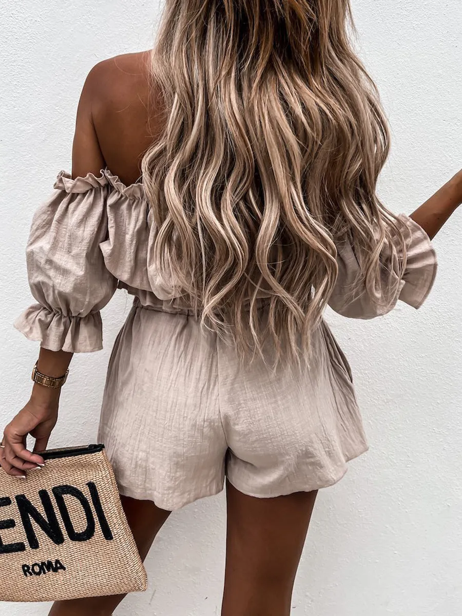 Unique Summer Off Shoulder Linen Shorts Suit