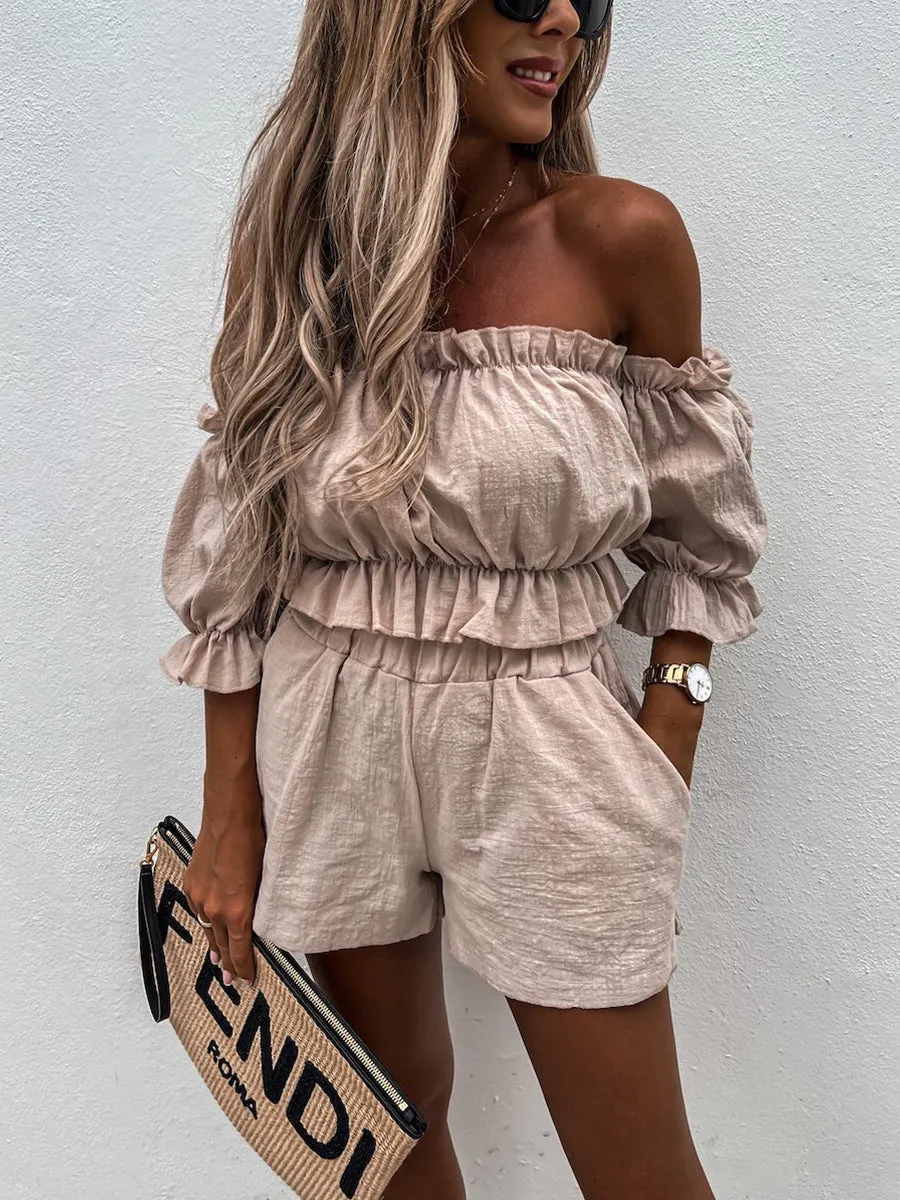 Unique Summer Off Shoulder Linen Shorts Suit