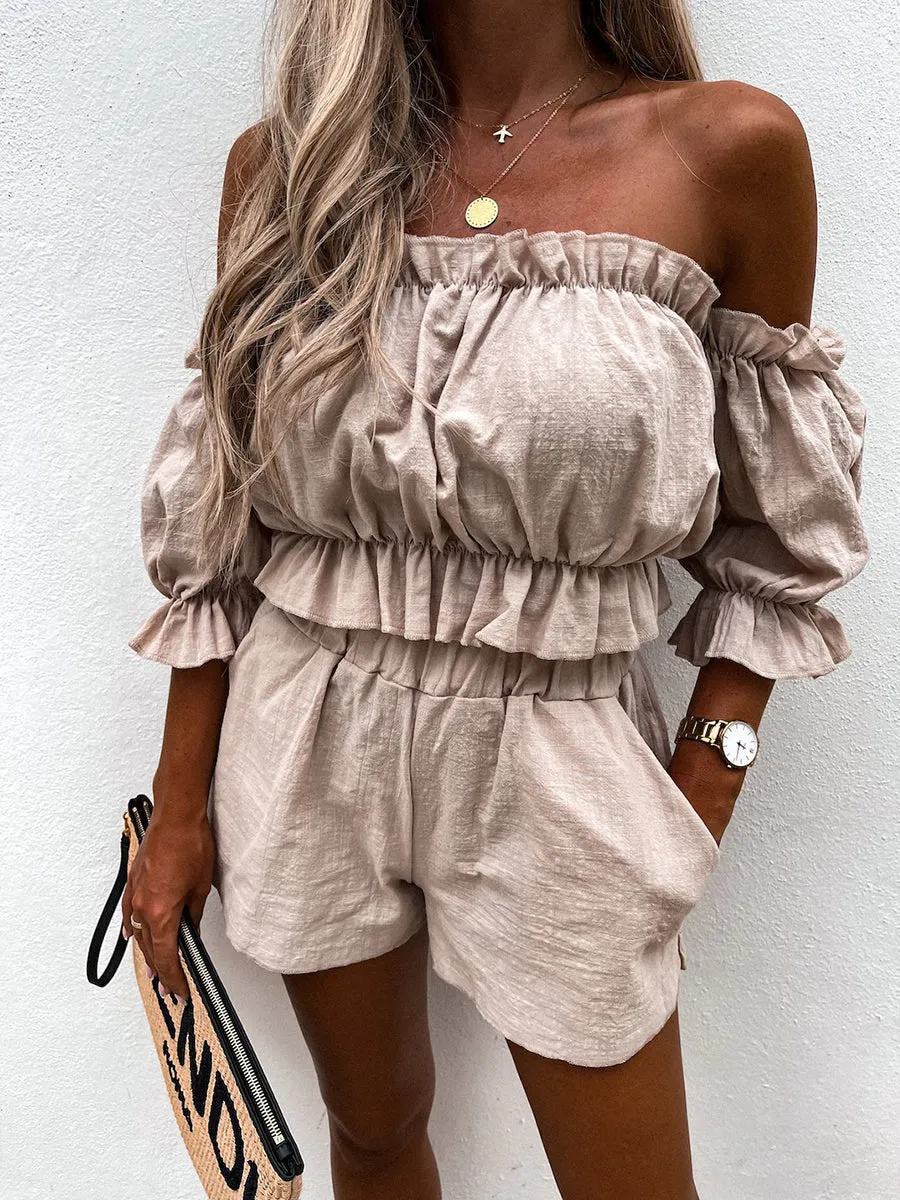 Unique Summer Off Shoulder Linen Shorts Suit