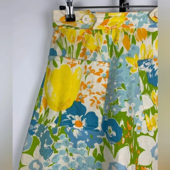 Vintage Blue Yellow White Floral A-Line Wrap Skirt