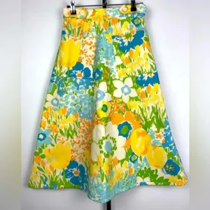 Vintage Blue Yellow White Floral A-Line Wrap Skirt