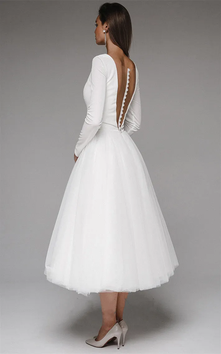 Vintage Tea-length A Line Plunging Neckline Satin Tulle Wedding Dress-716388