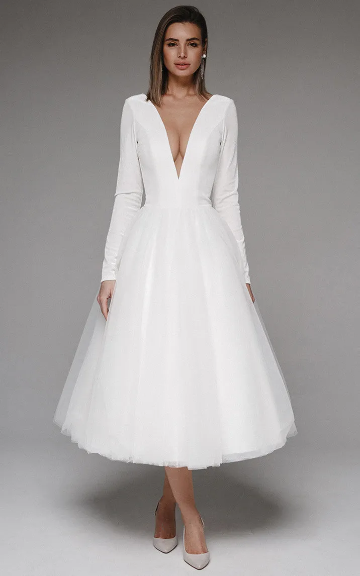 Vintage Tea-length A Line Plunging Neckline Satin Tulle Wedding Dress-716388