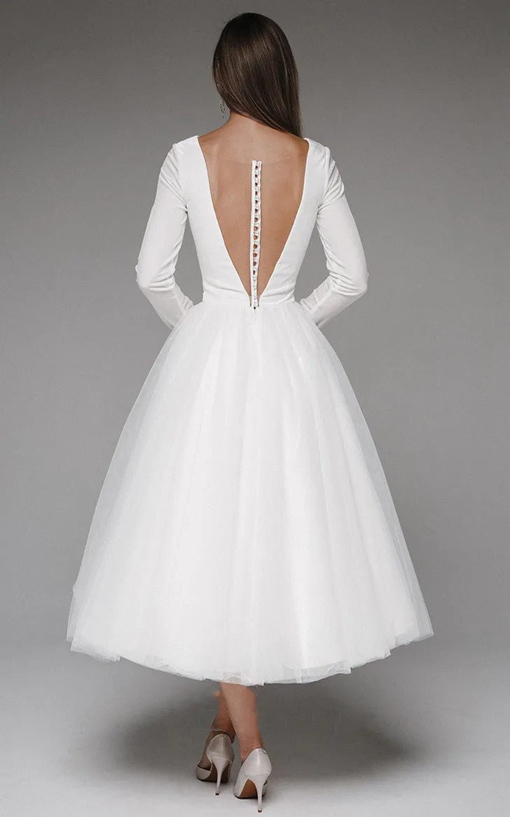 Vintage Tea-length A Line Plunging Neckline Satin Tulle Wedding Dress-716388