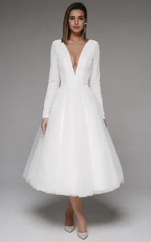 Vintage Tea-length A Line Plunging Neckline Satin Tulle Wedding Dress-716388
