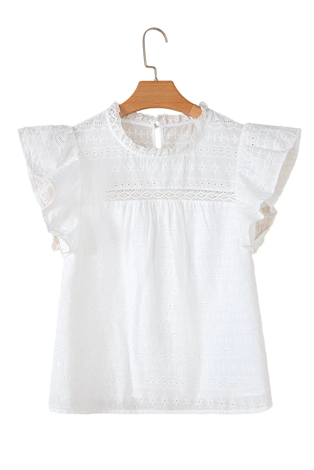 White Lace Neckline Flutter Sleeve Eyelets Blouse