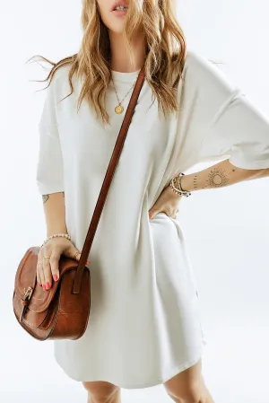White Solid Crewneck Oversize T-shirt Dress