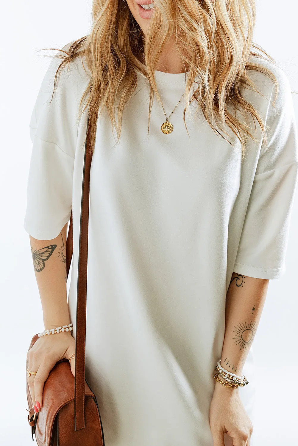 White Solid Crewneck Oversize T-shirt Dress