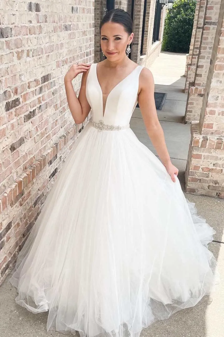 White V-Neck A-Line Long Wedding Dress with Sashes