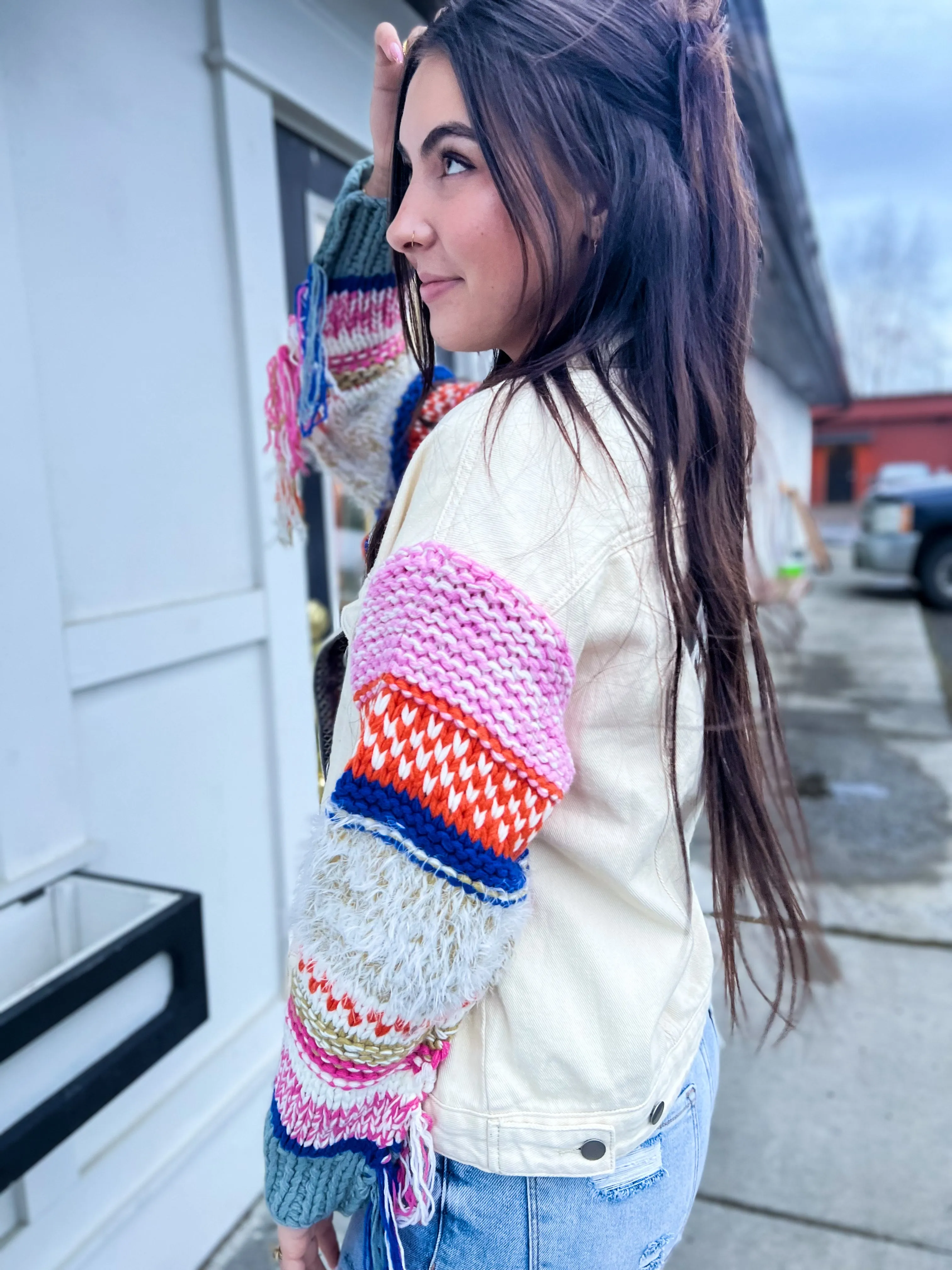 Wild & Free Fringe Knit Denim Jacket- Powder Cream