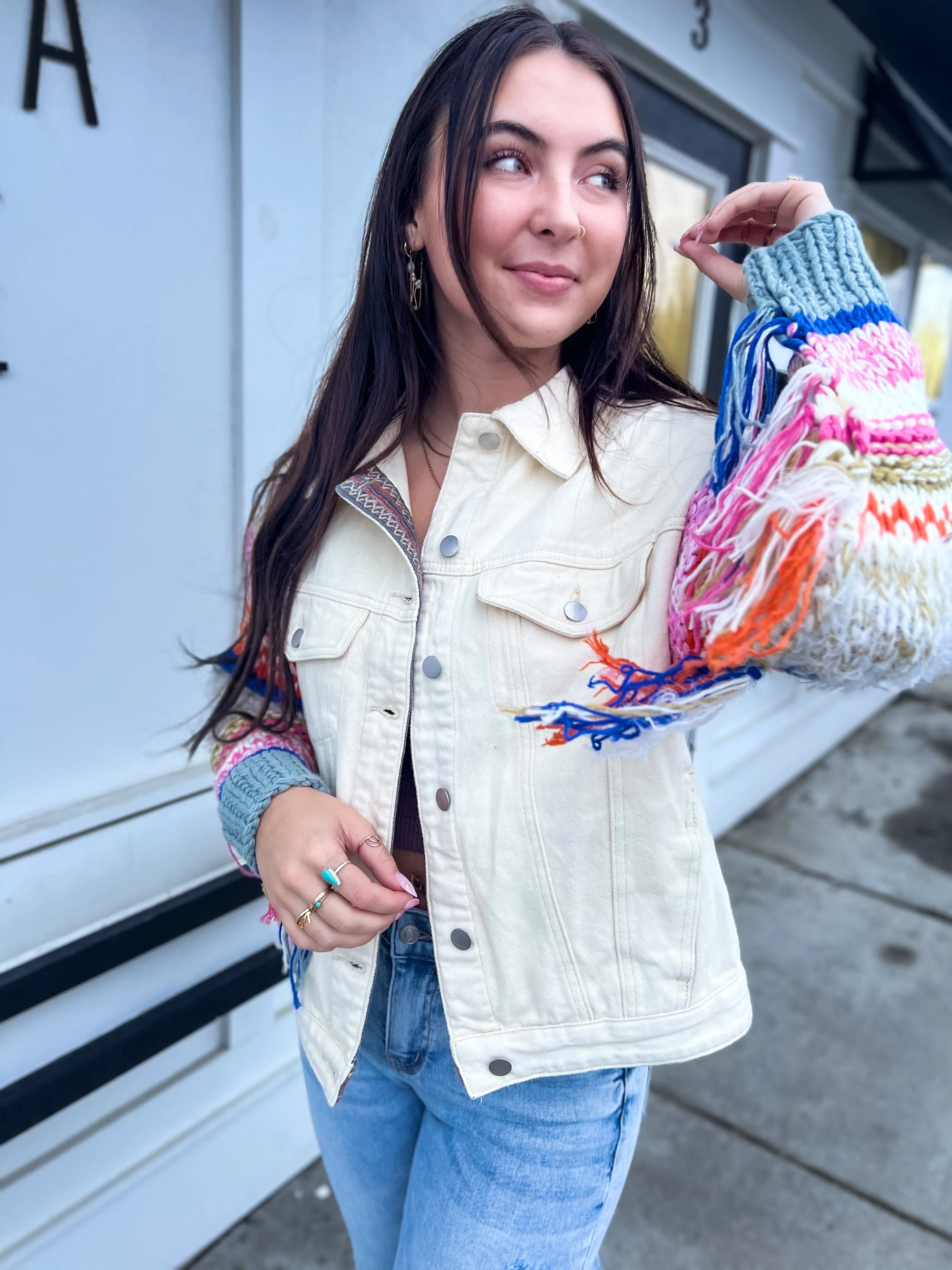 Wild & Free Fringe Knit Denim Jacket- Powder Cream