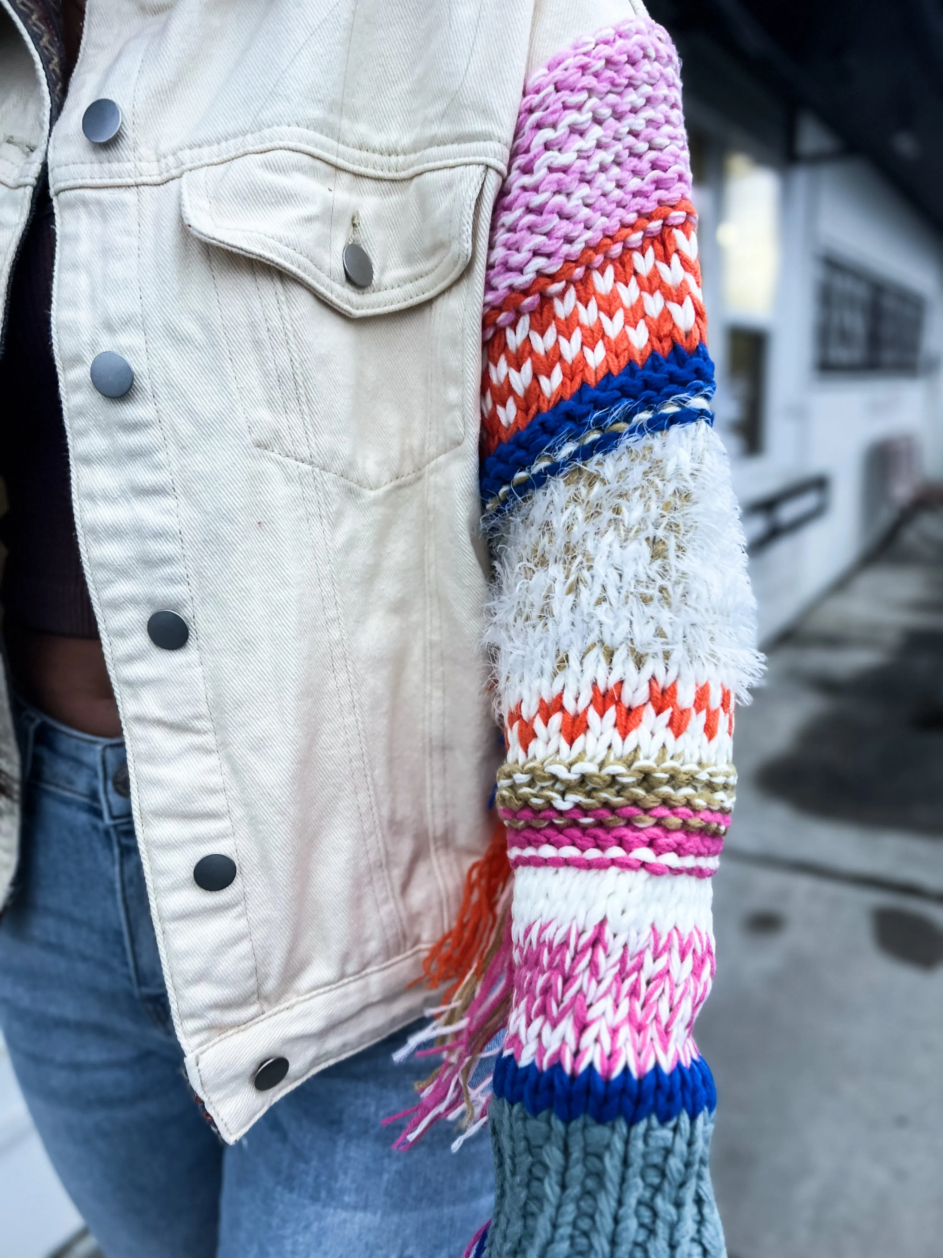 Wild & Free Fringe Knit Denim Jacket- Powder Cream