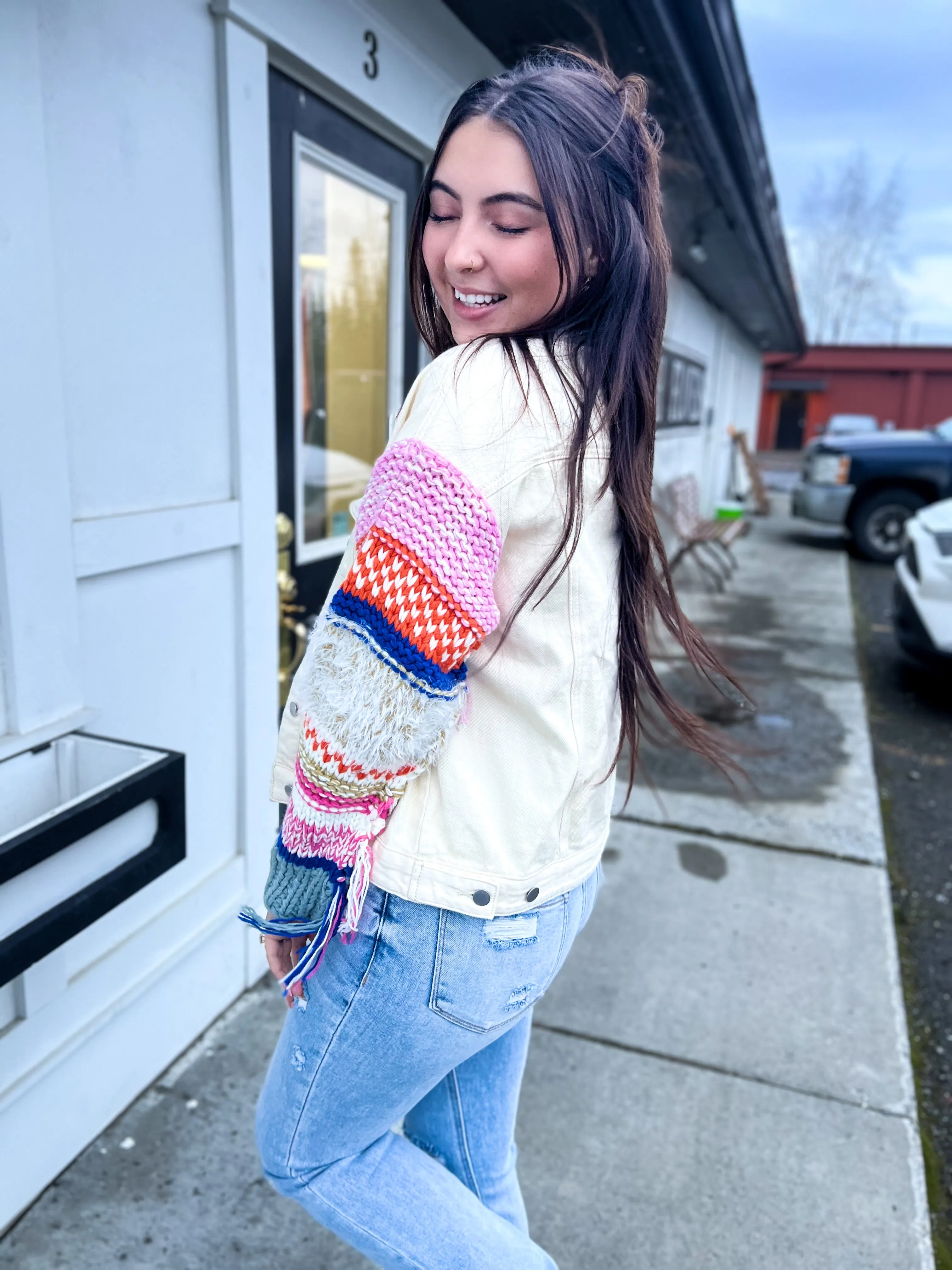 Wild & Free Fringe Knit Denim Jacket- Powder Cream