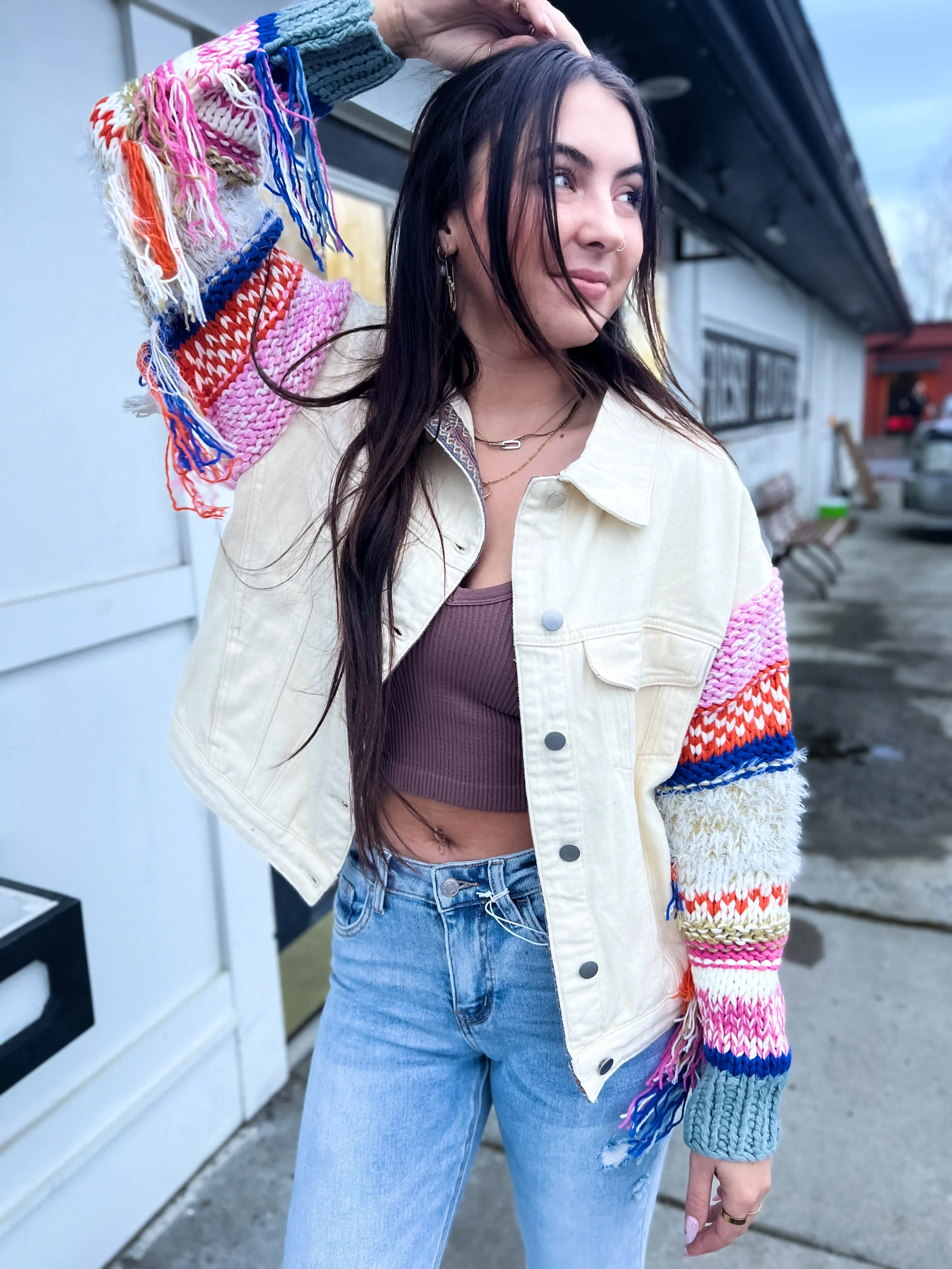 Wild & Free Fringe Knit Denim Jacket- Powder Cream