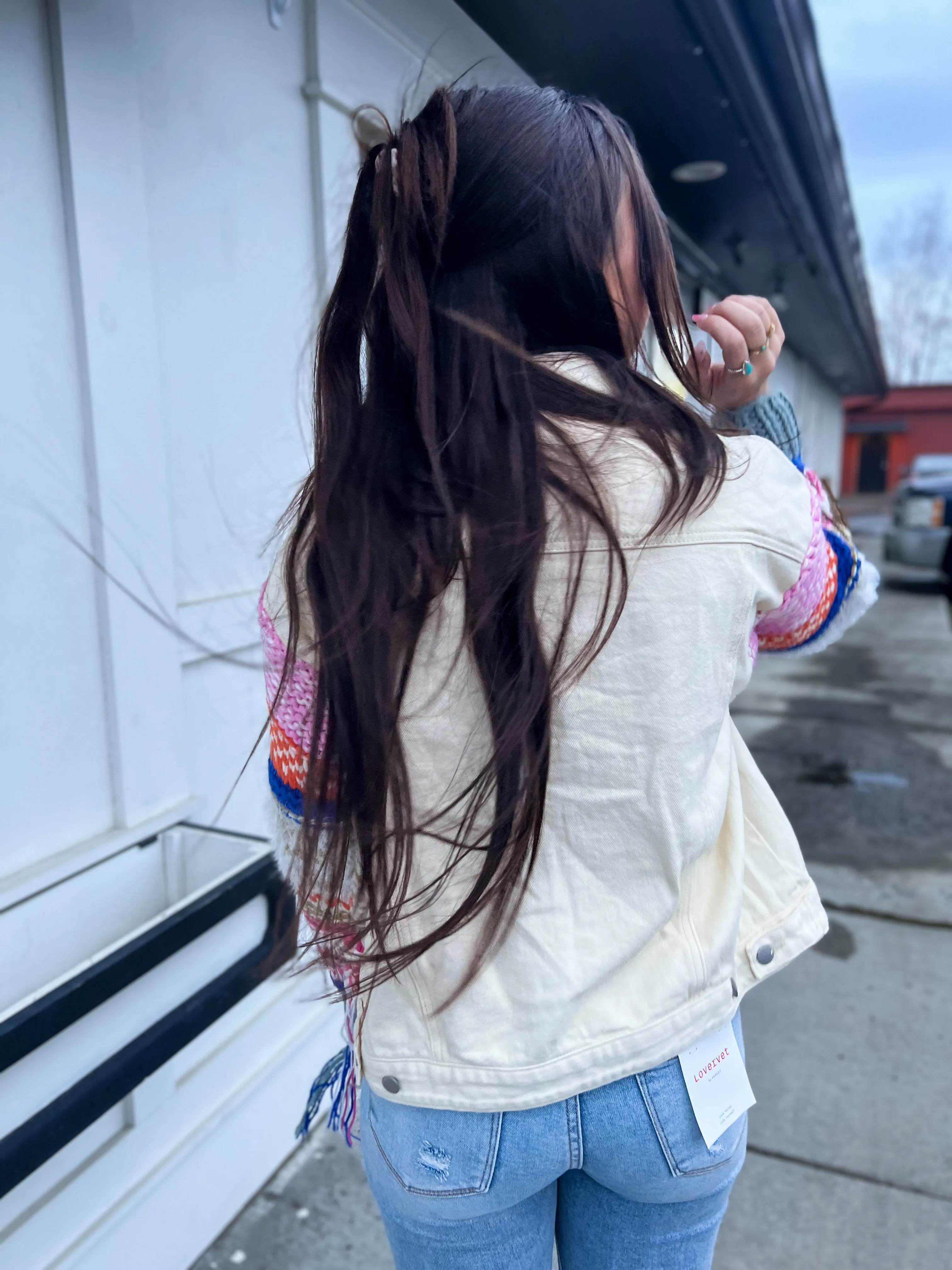 Wild & Free Fringe Knit Denim Jacket- Powder Cream
