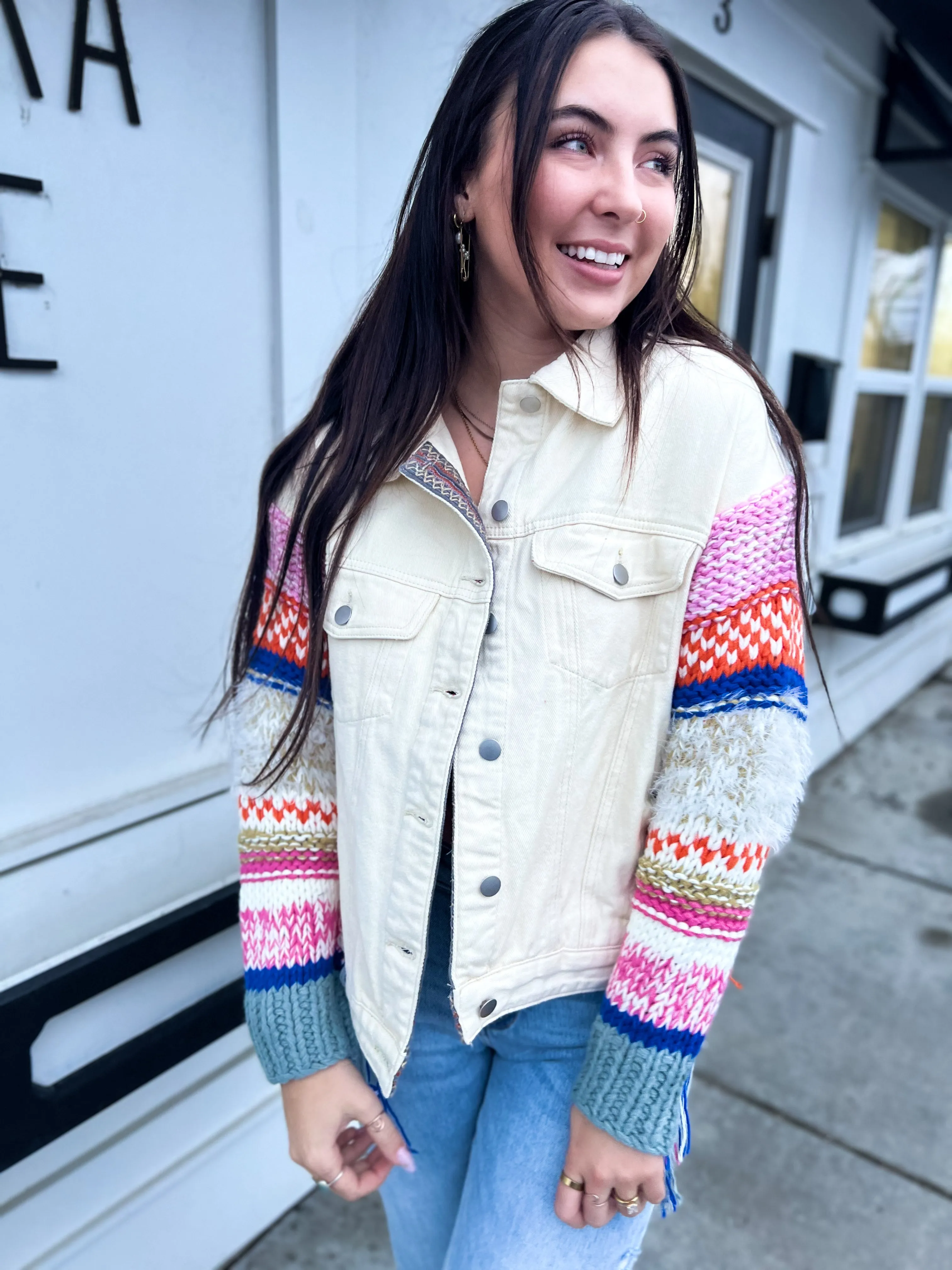 Wild & Free Fringe Knit Denim Jacket- Powder Cream