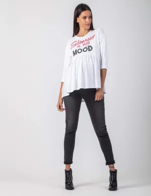 Women's cotton White Crop sleeve maternity & postnatal "Glamour is my Mood" empire waist top