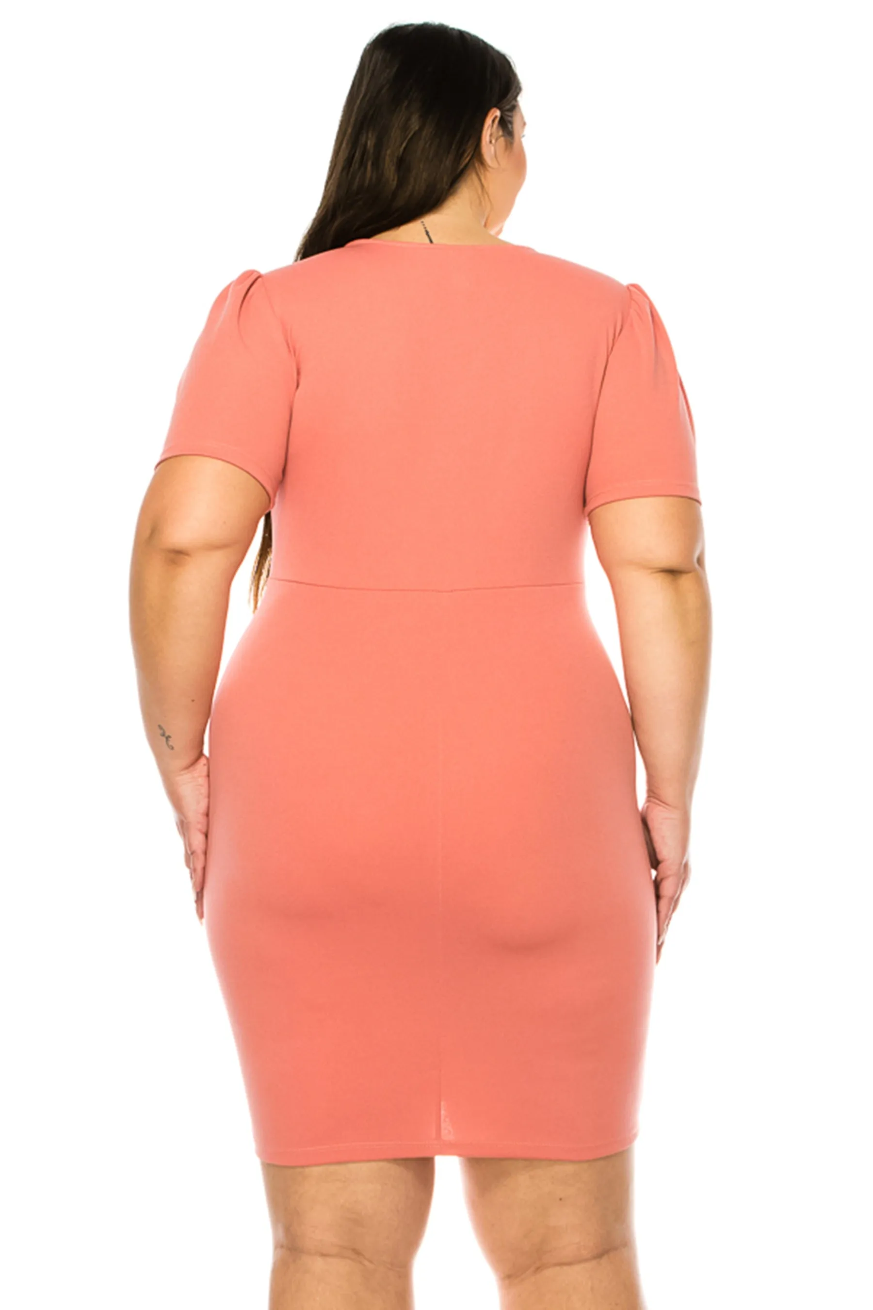 Women's Plus Size V-neck Sheath Dress with Buckle Accent and Puff Sleeves