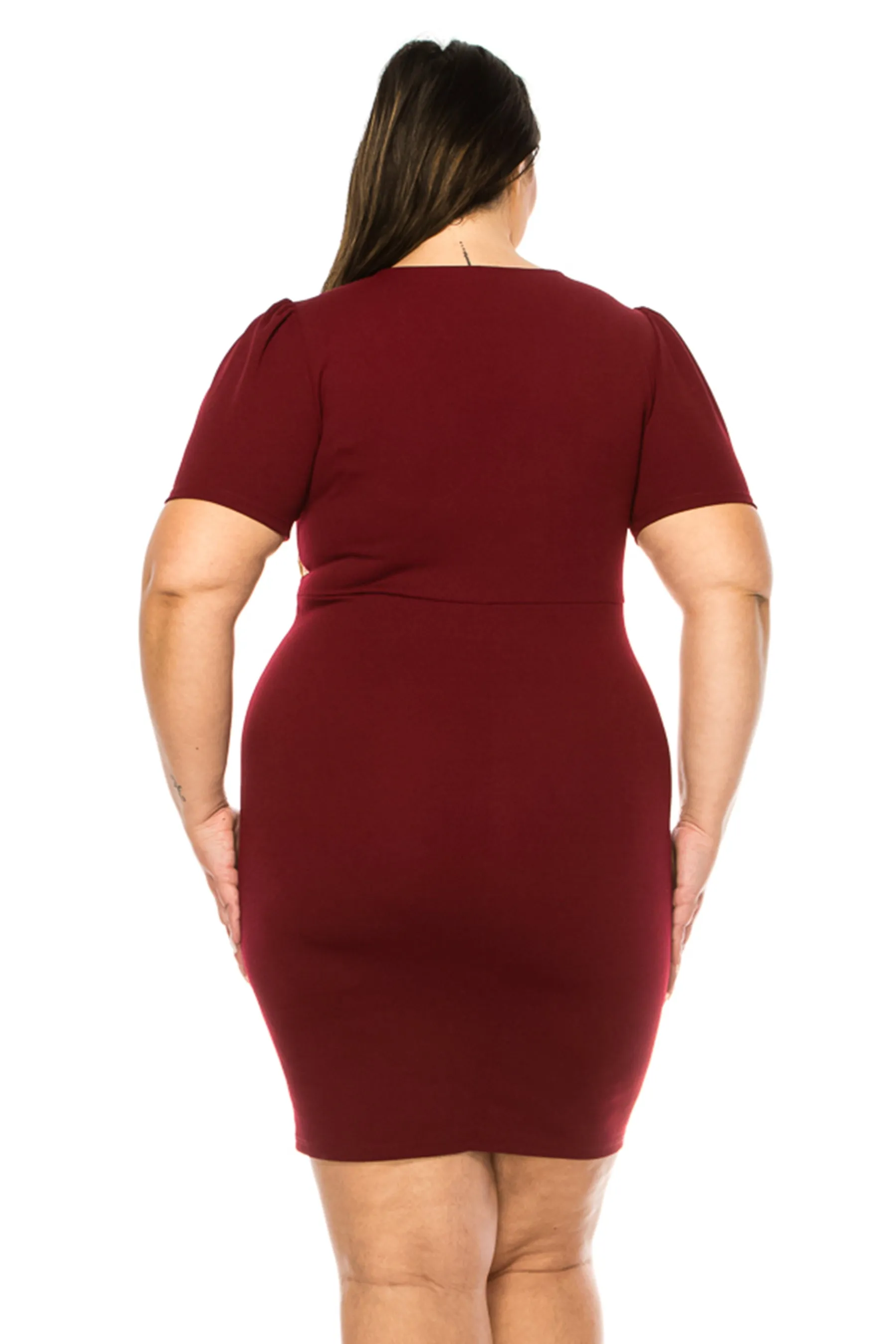 Women's Plus Size V-neck Sheath Dress with Buckle Accent and Puff Sleeves