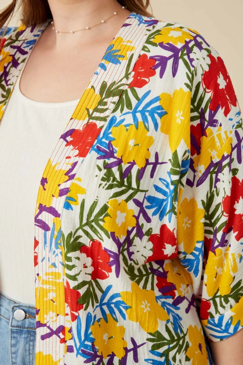Womens Vivid Floral Contrast Stitch Linen Blend Kimono