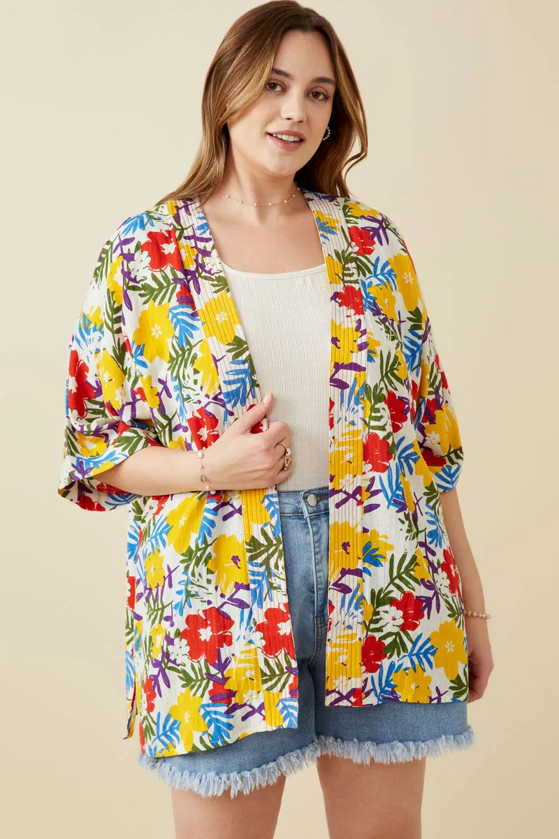 Womens Vivid Floral Contrast Stitch Linen Blend Kimono