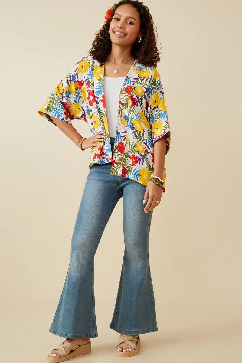 Womens Vivid Floral Contrast Stitch Linen Blend Kimono